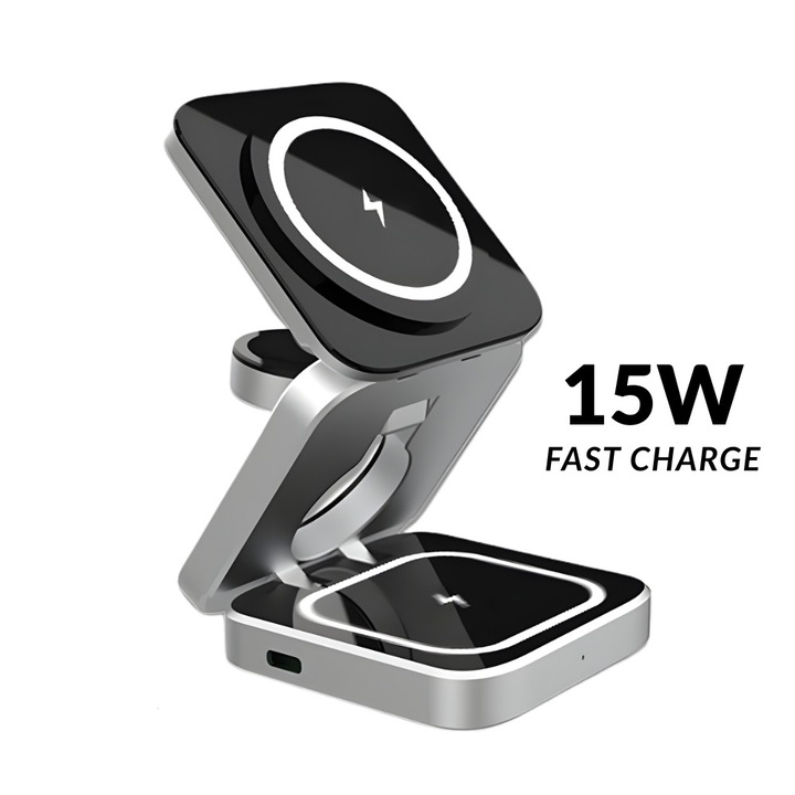 Incarcator Wireless 3 in 1 Universal Pliabil Loowoko® ProPB11, Incarcator Mag Safe, 15W Fast Charge, Magnetic, Apple Watch si Casti, Argintiu