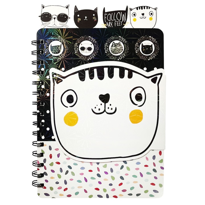 Caiet cu spirala, 16x21 cm, 4 separatoare, 60 file dictando, clapeta cu arici, coperta pisica cu confetti, efect lucios stelute