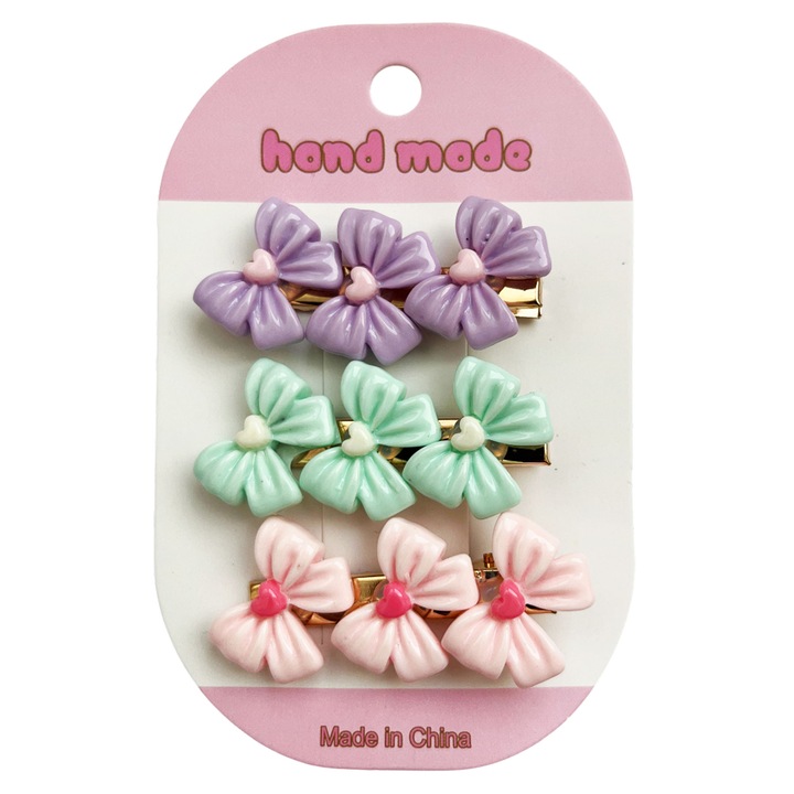 Set 3 Clame de Par pentru Copii, Fundite cu Inimioara, Clips metalic auriu, 5 cm, Multicolor, Accesorii par fetite