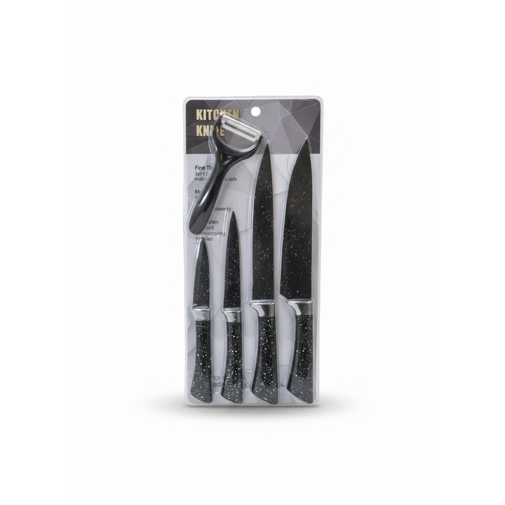 Set 4 piese cutite de bucatarie ABS, lame cu finisaj tip piatra, manere ergonomice, culoare negru