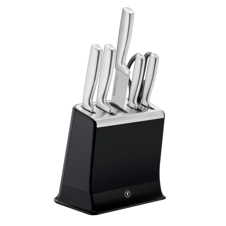 Set de 6 cutite Tefal Eversharp Pro, inox german, suport cu ascutire integrata, negru & argintiu