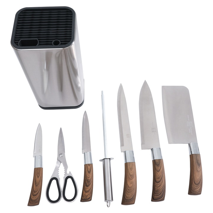 Set 7 ustensile bucătărie, Grunberg, 5 cuțite, ascuțitor, foarfecă, inox+plastic, maro, 20-32 cm