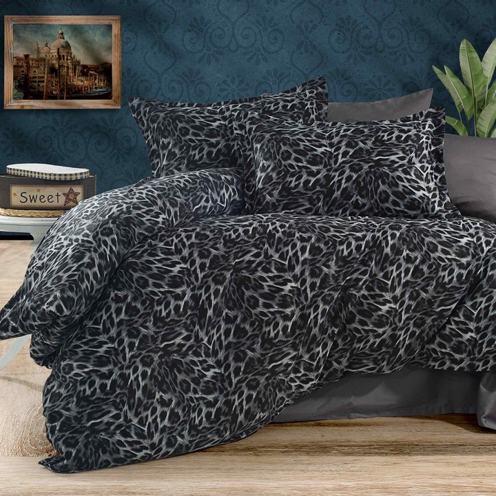 Lenjerie pat Ranforce Cotton Pro Bumbac 100%, King Size cu husa, 4 piese Animal Print Gri/Negru RCP10, Ralex Pucioasa