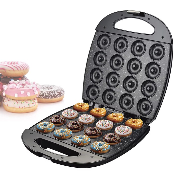 Elektromos fánk/donut készítő, 1400W, csúszásmentes talpak, jelzőfény, 16 fánk kapacitás, tapadásmentes bevonat, könnyen használható, fekete