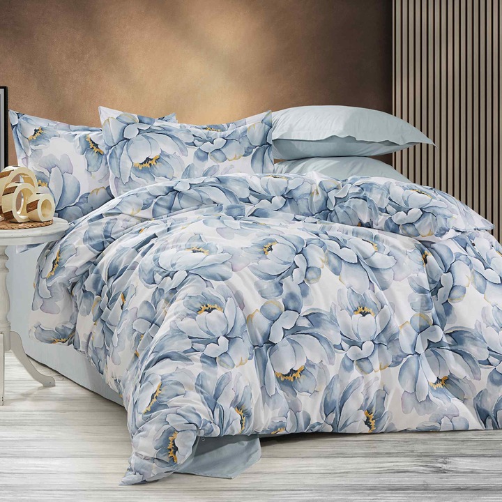 Ranforce Cotton Pro 100% pamut ágynemű, King Size, 4 részes, virágmintás, kék RCP9