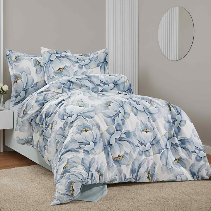 Ranforce Cotton Pro 100% pamut ágynemű, King Size huzattal, 4 részes, virágmintás, kék RCP9, Ralex Pucioasa