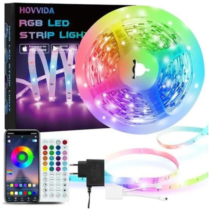 Banda LED HOVVIDA 5 m RGB, 30 LED-uri, control telecomandă, interior