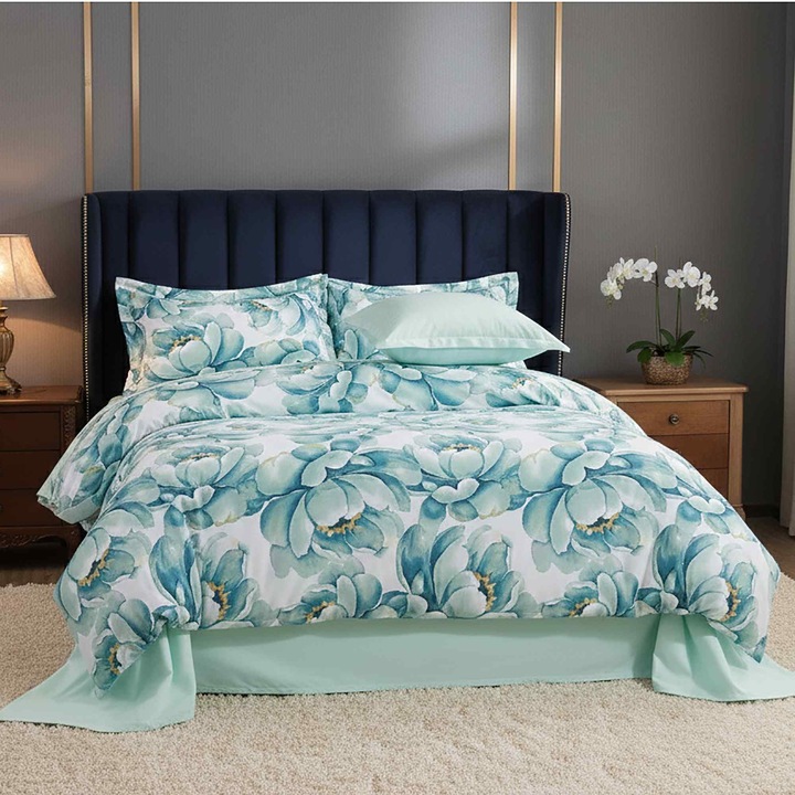 Ranforce Cotton Pro 100% pamut ágynemű, King Size, 4 részes, virágmintás, zöld RCP8