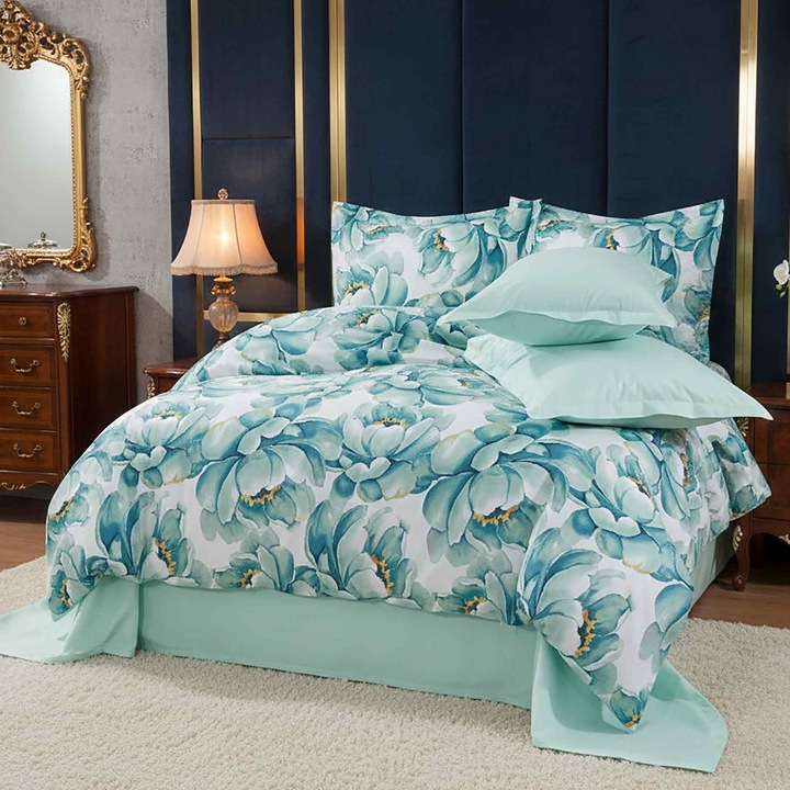 Ranforce Cotton Pro 100% pamut ágynemű, King Size huzattal, 4 részes, virágmintás, zöld RCP8, Ralex Pucioasa