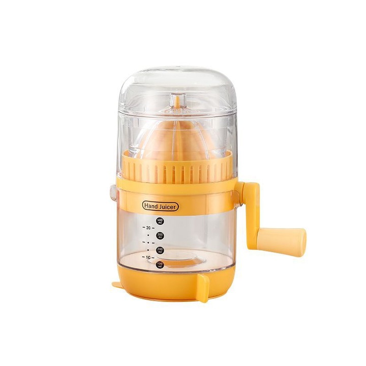 Storcator, separa pulpa de suc, portabil, cu maner rotativ, potrivit pentru portocale si lamai, usor de curatat, design modern, portocaliu