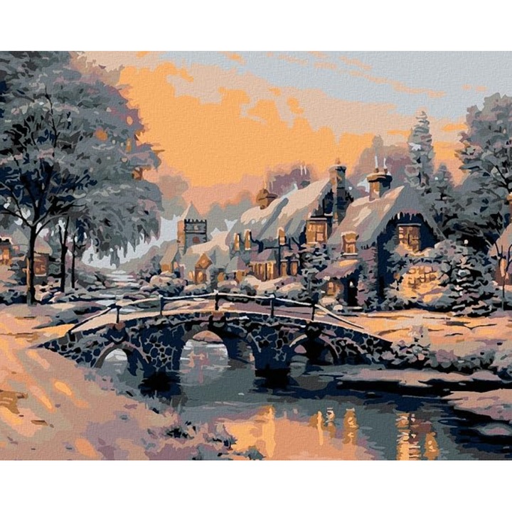 Set pictura pe numere ZUTY®, pre-intins, cu cadru din lemn, 40 x50 cm, model „Pod peste rau inghetat”, cu 3 pensule si vopsea acrilica, nivel hard