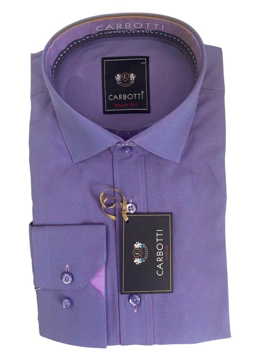 Férfi hosszú ujjú ing, lila szín rózsaszín csíkokkal, S méret, pamut-poliészter anyag