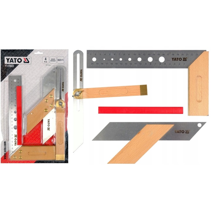 Set unelte de masura Yato, 3 piese, metal inoxidabil, lemn de fag, 90° si 45°/135°, 250mm