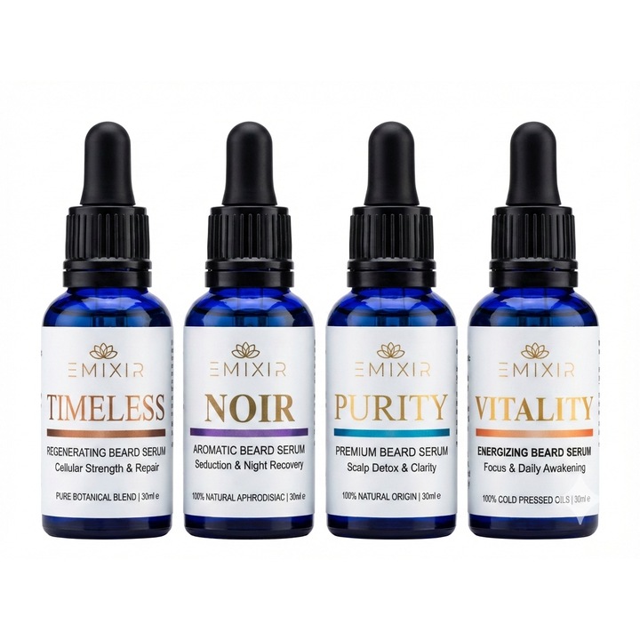 Set Premium pentru Barba “EMIXIR The Ultimate Clinical Protocol” - Rutina Integrala Biohacking 24/7, Tratament Anti-Aging, Detoxifiere, Energie si Seductie, 4 x 30ml