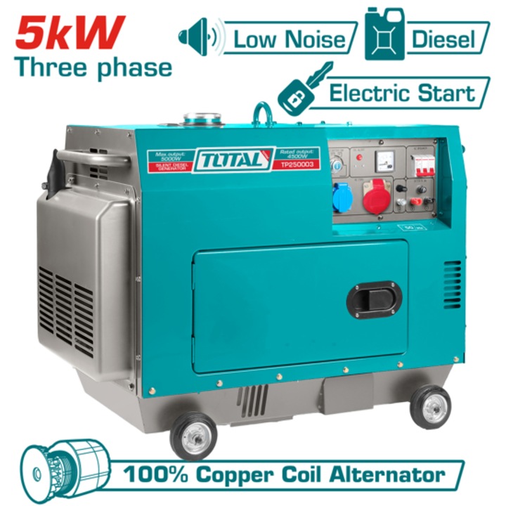 Generator diesel trifazic Total 5 kW, electric, mobilitate ridicată, 4 roți, 17L rezervor