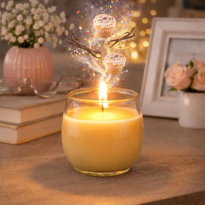 Ecru illatgyertya üvegben, vaníliás cupcake illattal, Ø7x6.5cm