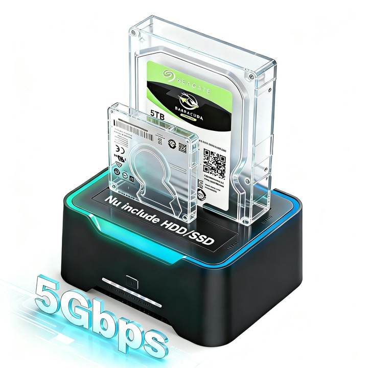 HDD SSD Dokkolóállomás, Kétrekeszes 2.5/3.5 hüvelykes, USB 3.0, 32TB Támogatás, Fekete