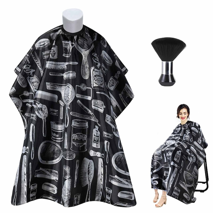 Set accesorii tuns, SINBINTA, Pelerina coafor si frizerie, Cu duster pentru gat, Prindere cu cleme, Inchidere reglabila, Tratament antistatic, Elastica, Impermeabila, Pentru frizerie, salon, acasa, Poliester, 1.15*1.4m, Negru