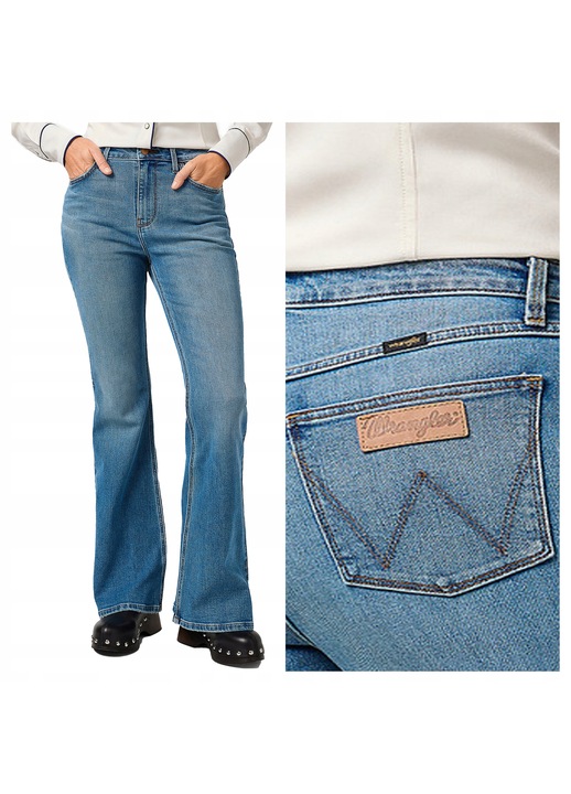 Blugi Dama, Wrangler, Fierce Flare, Bootcut, Talie Inalta, 5 Buzunare, Lungi, Fermoar, Bumbac, W27-L32 US, Albastru