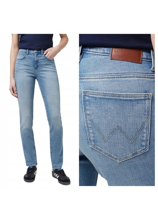 Blugi Dama, Wrangler, Slim, Slim Fit, Talie Medie, 5 Buzunare, Fermoar, Lungi, Bumbac, Albastru, Albastru