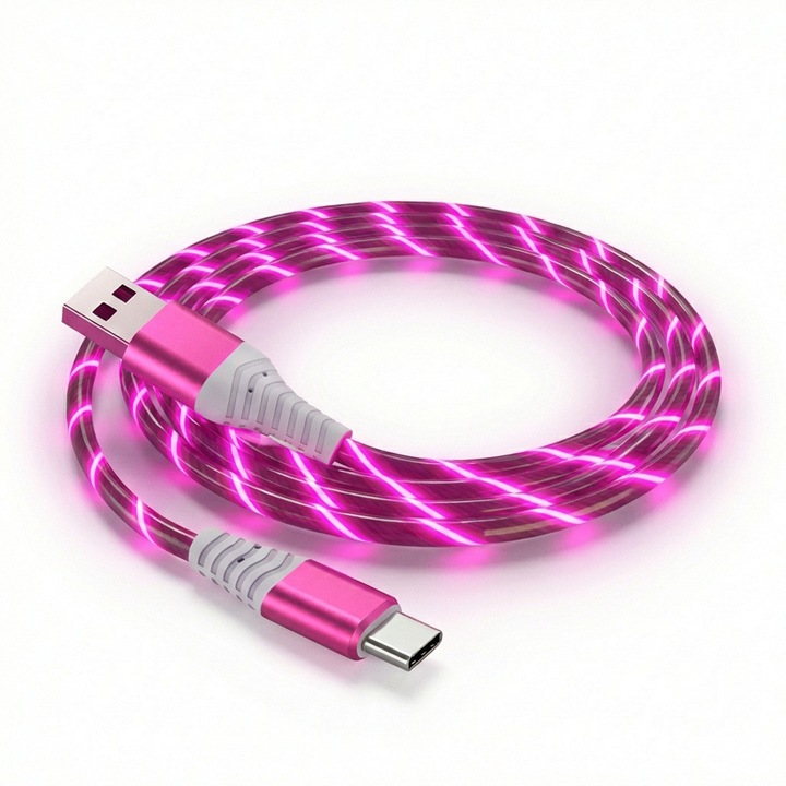 Cablu Date si Incarcare USB-A la USB-C, AHA PRINT®, LED Luminos Roz, 18W, 480 Mbps, Universal, Compatibil, Apple, iPhone, Samsung, Android, Type C, Design Premium, Efect Luminos, Lungime 2m, Roz