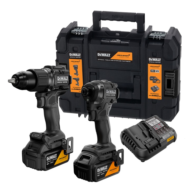 Set masina de gaurit cu percutie si masina de insurubat cu impact pe acumulator DeWALT DCK2222MM2T, 18V XR, motor fara perii, editie speciala McLaren, 2x acumulator Li-Ion 4 Ah, cuplu 206 Nm, iluminare LED, incarcator rapid, cutie transport TSTAK II.