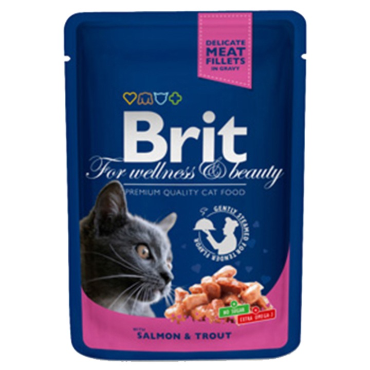 Hrana umeda pentru pisici, Brit Premium, Somon si Pastrav, plic 100 g