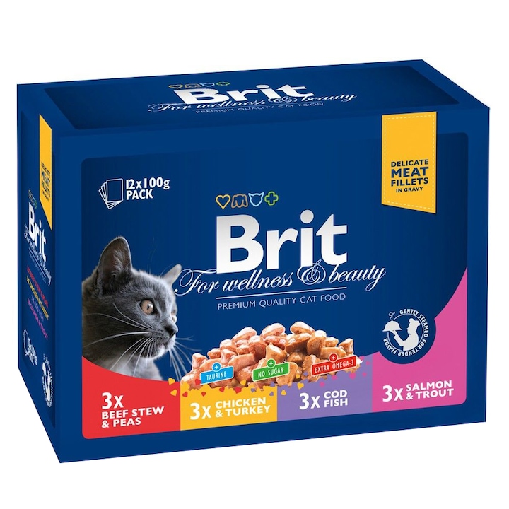 Мокра храна за котки Brit Premium Family Variety, Пауч, 12 x 100 гр