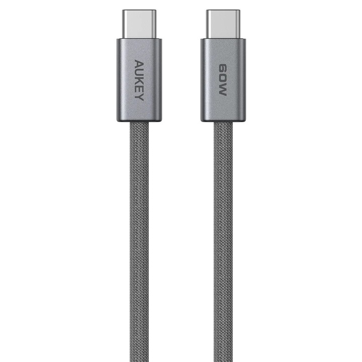 Кабел USB-C към USB-C Aukey, 60W, 480Mbps, плетен, 1.8м, металик сив
