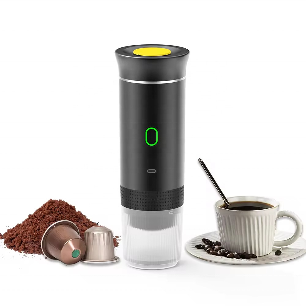 Espressor portabil K0204-20260822-16, compatibil cu capsule de diferite dimensiuni si cafea macinata, incalzire wireless, incarcare USB, negru