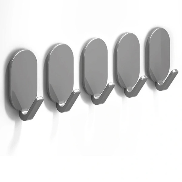 Set 5 carlige adezive ovale gri, suporturi pentru baie si bucatarie, capacitate maxima 10 kg