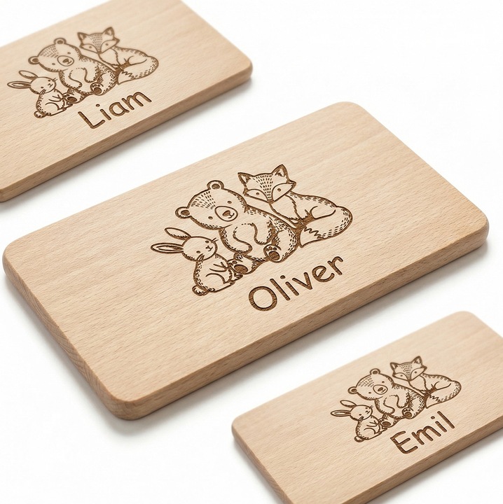 Tava personalizata pentru micul dejun, PEEWIT, 22x12cm, gravura animale din padure, lemn masiv de fag