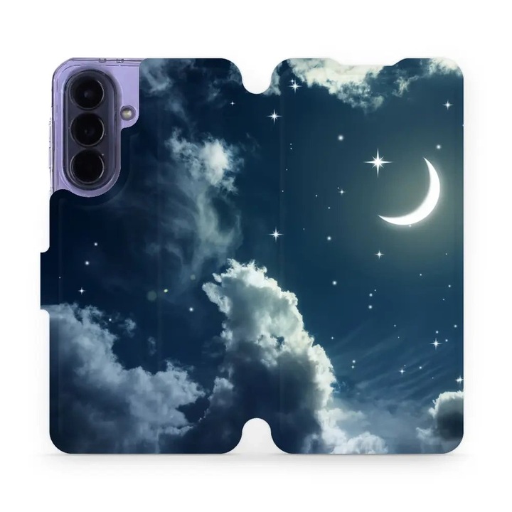 Husa flip Mobiwear pentru Samsung Galaxy A57 5G, design nocturn cu luna, suport, inchidere magnetica, multicolor