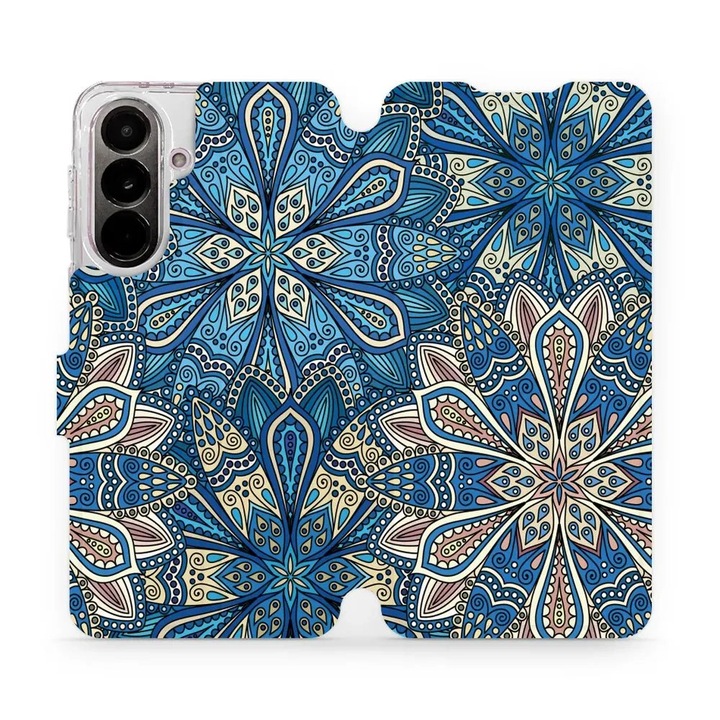 Husa flip Mobiwear pentru Samsung Galaxy A37 5G, design floral, albastra, cu suport