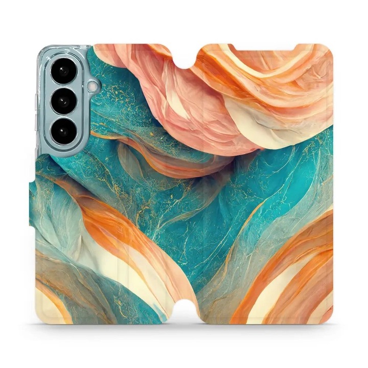Flip pouzdro pentru Samsung Galaxy S26, Mobiwear, mramor azuriu si portocaliu, suport, multicolor