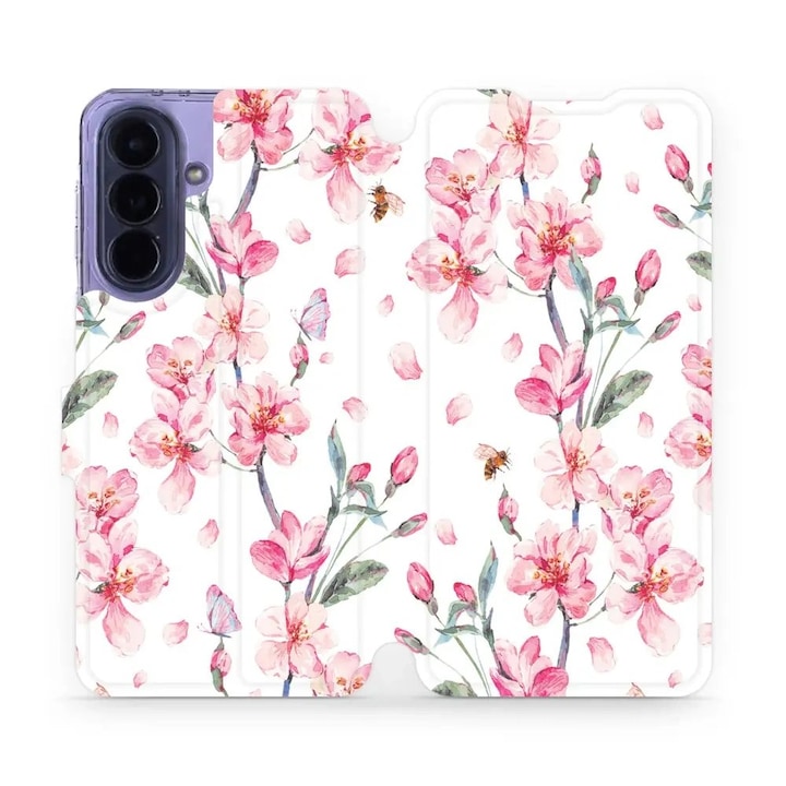 Husa flip Mobiwear pentru Samsung Galaxy A57 5G, flori roz, suport, inchidere magnetica