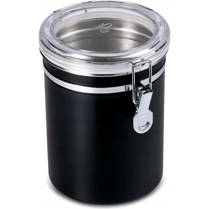Tchibo élelmiszeres doboz, fekete, rozsdamentes acél, 500g kapacitás, átlátszó fedél