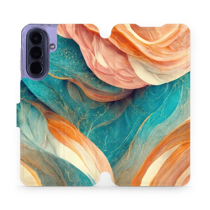 Husa flip Mobiwear pentru Samsung Galaxy A57 5G, mramor azuriu si portocaliu, suport, inchidere magnetica