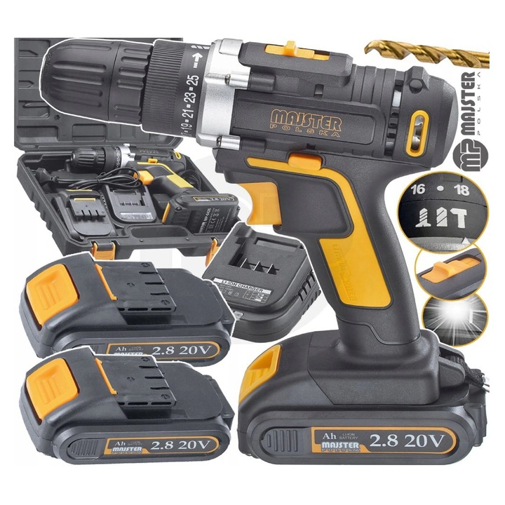 Masina de insurubat cu acumulator, 2 x 20 V, Majster Polska MP0426U