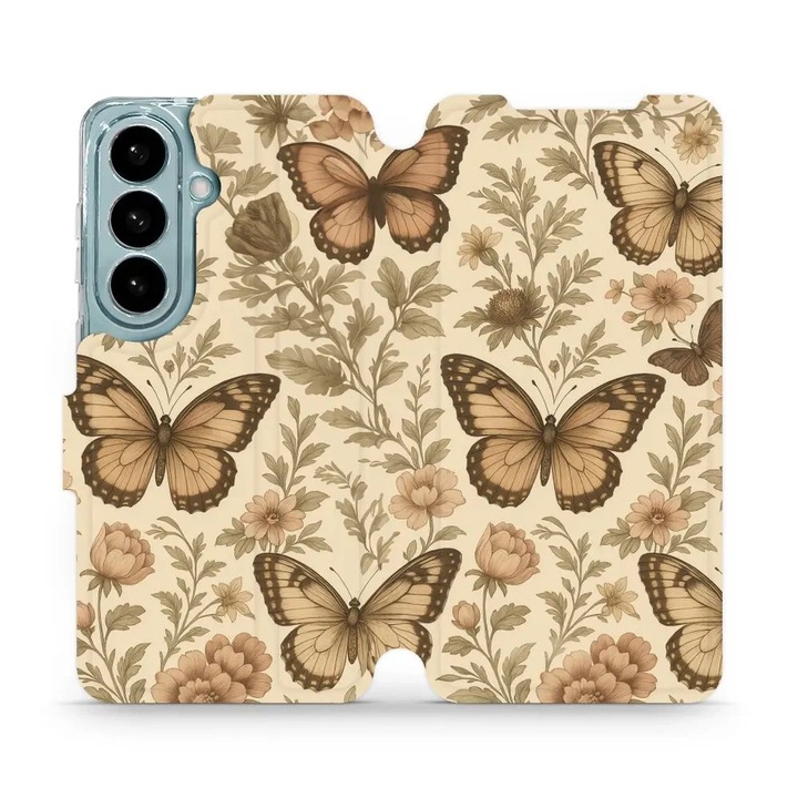 Husa flip Mobiwear pentru Samsung Galaxy S26, suport, design elegant, bej