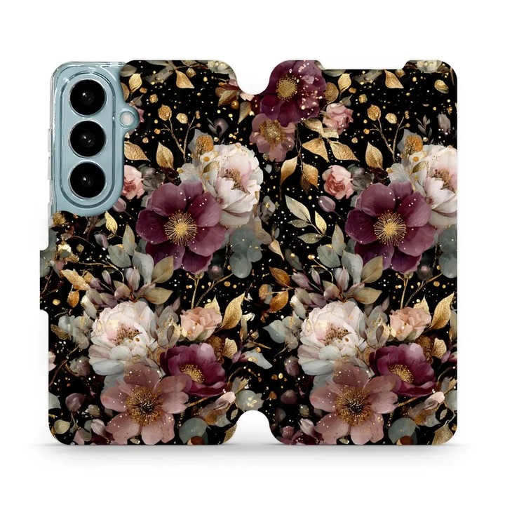 Husa flip Mobiwear pentru Samsung Galaxy S26, flori aurii, suport, inchidere magnetica