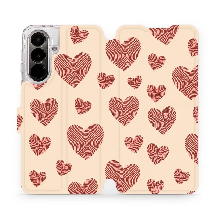 Husa flip Mobiwear pentru Samsung Galaxy A37 5G, design cu inimioare, inchidere magnetica, culoare bej