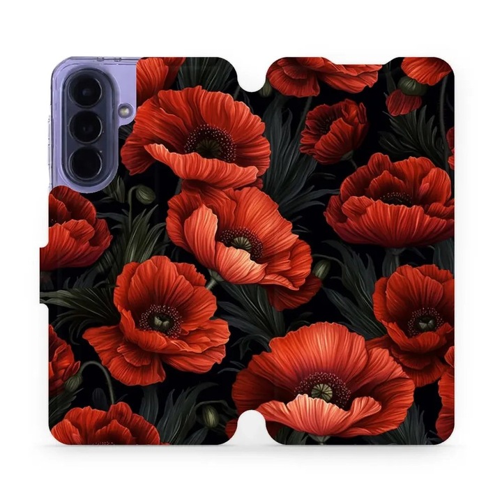 Husa flip Mobiwear pentru Samsung Galaxy A57 5G, rosie cu flori, suport integrat