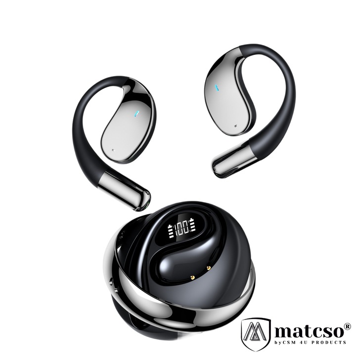 Casti Wireless, matcso® Q93, OWS-Open Wearable Stereo, Anulare Zgomot ENC, Sport, Afisaj Digital LED, Bluetooth 5.4, Sunet HiFi Lossless, Control Tactil, Carlilg Rotativ 360°, Rezistente la Apa IPX5, Latenta Redusa pentru Gaming, Apeluri HD, Negru