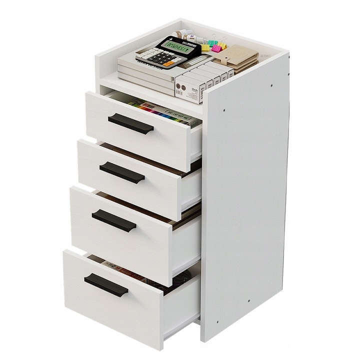 Fehér fiókos szekrény, íróasztal tároló, irodai könyvespolc, szekrény, 4 fiókos, magas, elegáns Rebiko