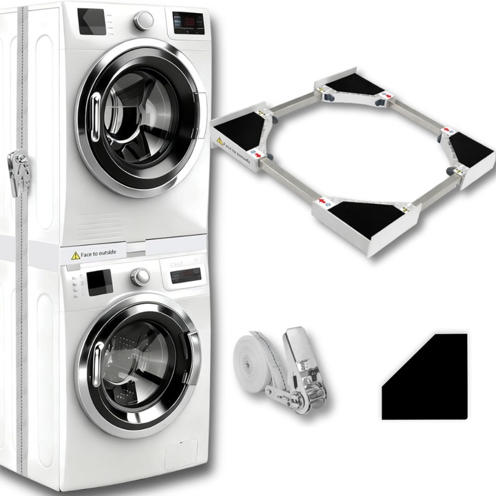 Kit Universal Reglabil Latkon pentru Suprapunere Masina de Spalat si Uscator 42–72 cm, Suport Anti-Alunecare cu Centura Siguranta si 8 Pad-uri Anti-Vibratii