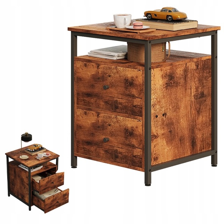 Noptiera, masuta laterala pentru dormitor sau living, stil loft, maro rustic, sertare retro Rebiko