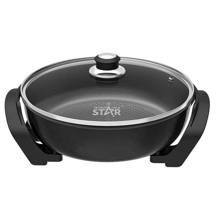 Електрически тиган, Winning Star, 1500 W, незалепващо покритие, стъклен капак, черен
