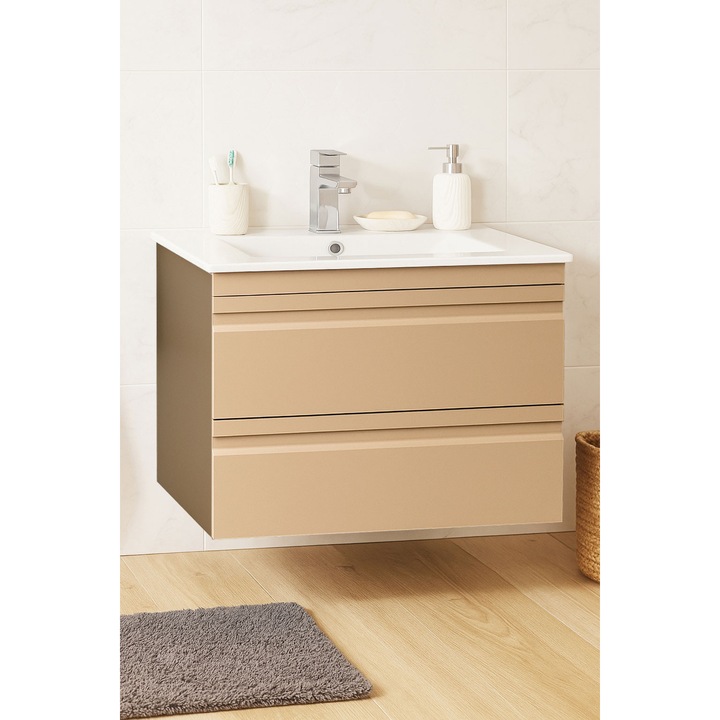 Mobilier de baie Baza si lavoar MDF cu soft-close, Badenmob, seria 086, Suspendat cu Sertare, 70x52x46cm, Cappuccino