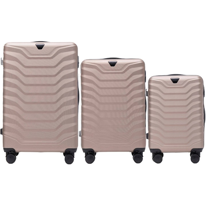 Set 3 Valize Wings Peafowl L M S Din Abs+, 4 Roti Duble 360°, Incuietoare Cu Cifru, Maner Telescopic, Bagaj Cabina Si Cala, Set Complet Pentru Calatorii Elegante Si Organizate